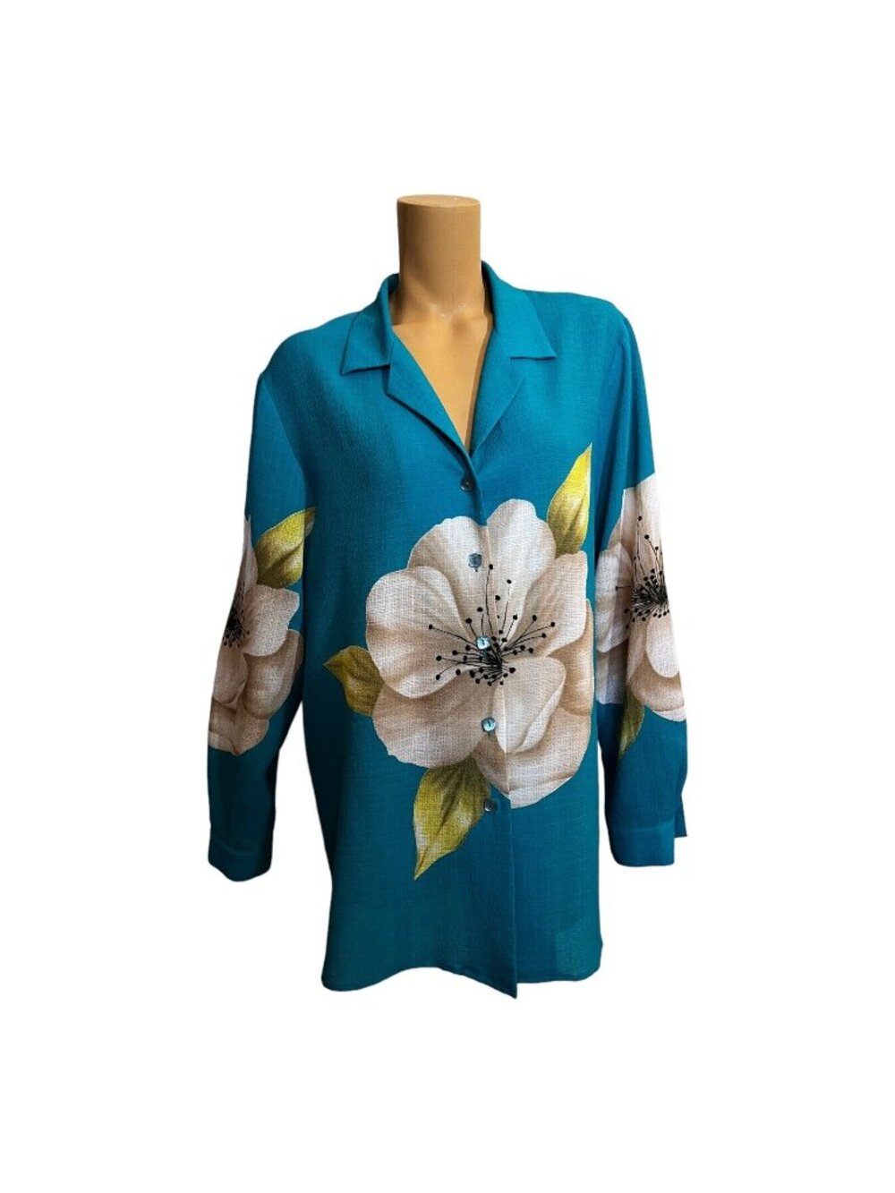 Sag Harbor Womens Blouse Shirt Lg Button Up Floral Long Sleeve Button Cuff Notch